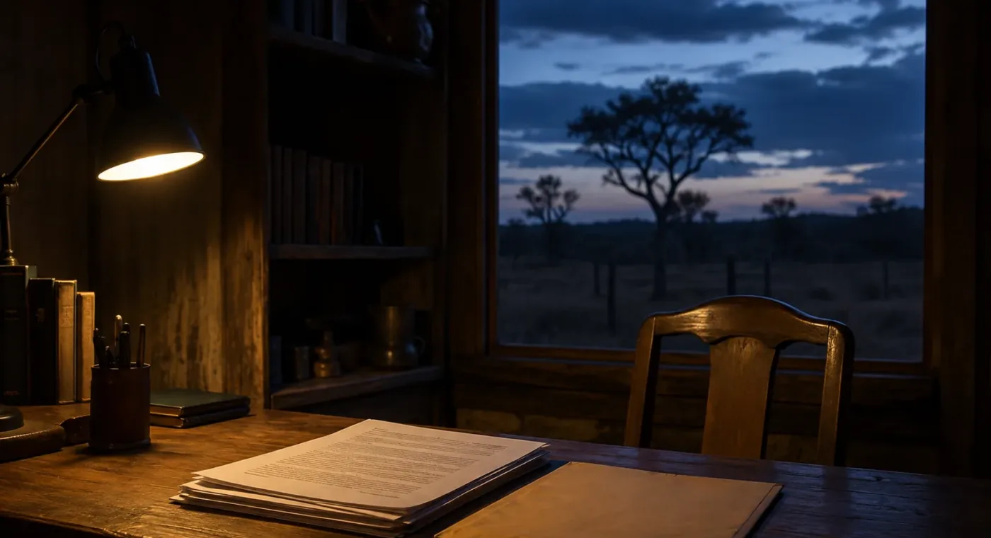 Escritório de fazenda vazio ao anoitecer, com documentos e envelope sobre a mesa e a cadeira afastada