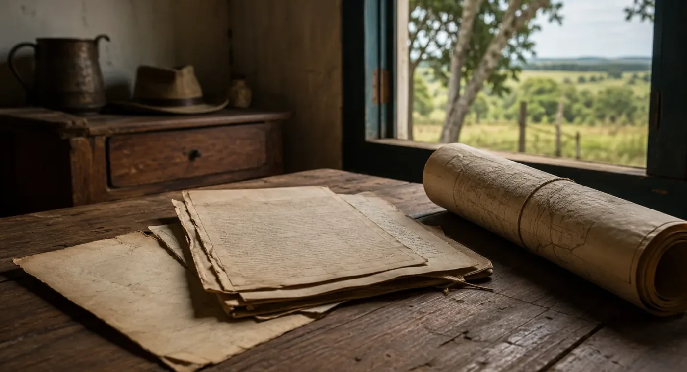Documentos antigos de escritura e mapa da propriedade enrolado sobre mesa de madeira