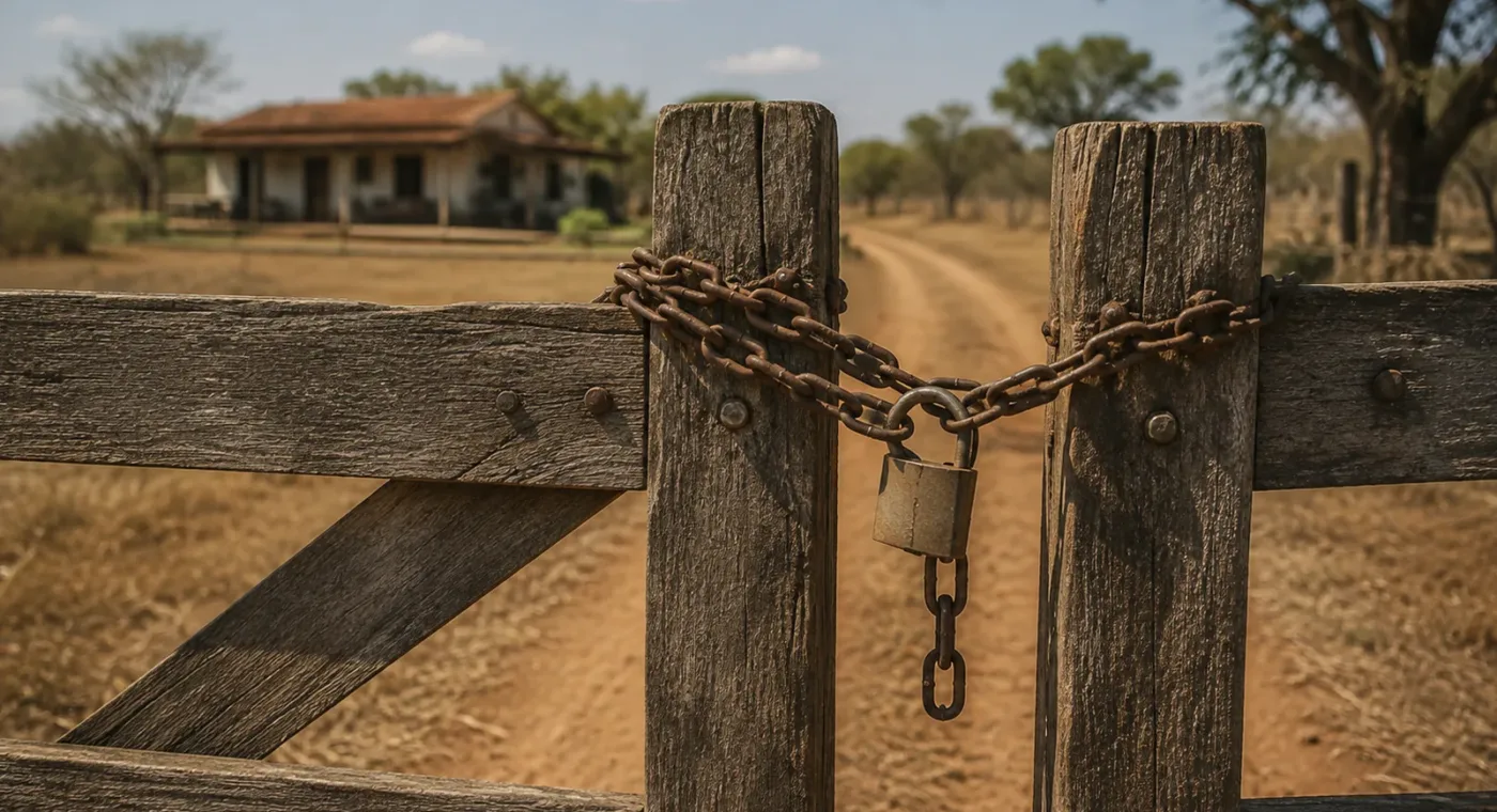 Porteira de fazenda fechada com corrente e cadeado, casa-sede ao fundo