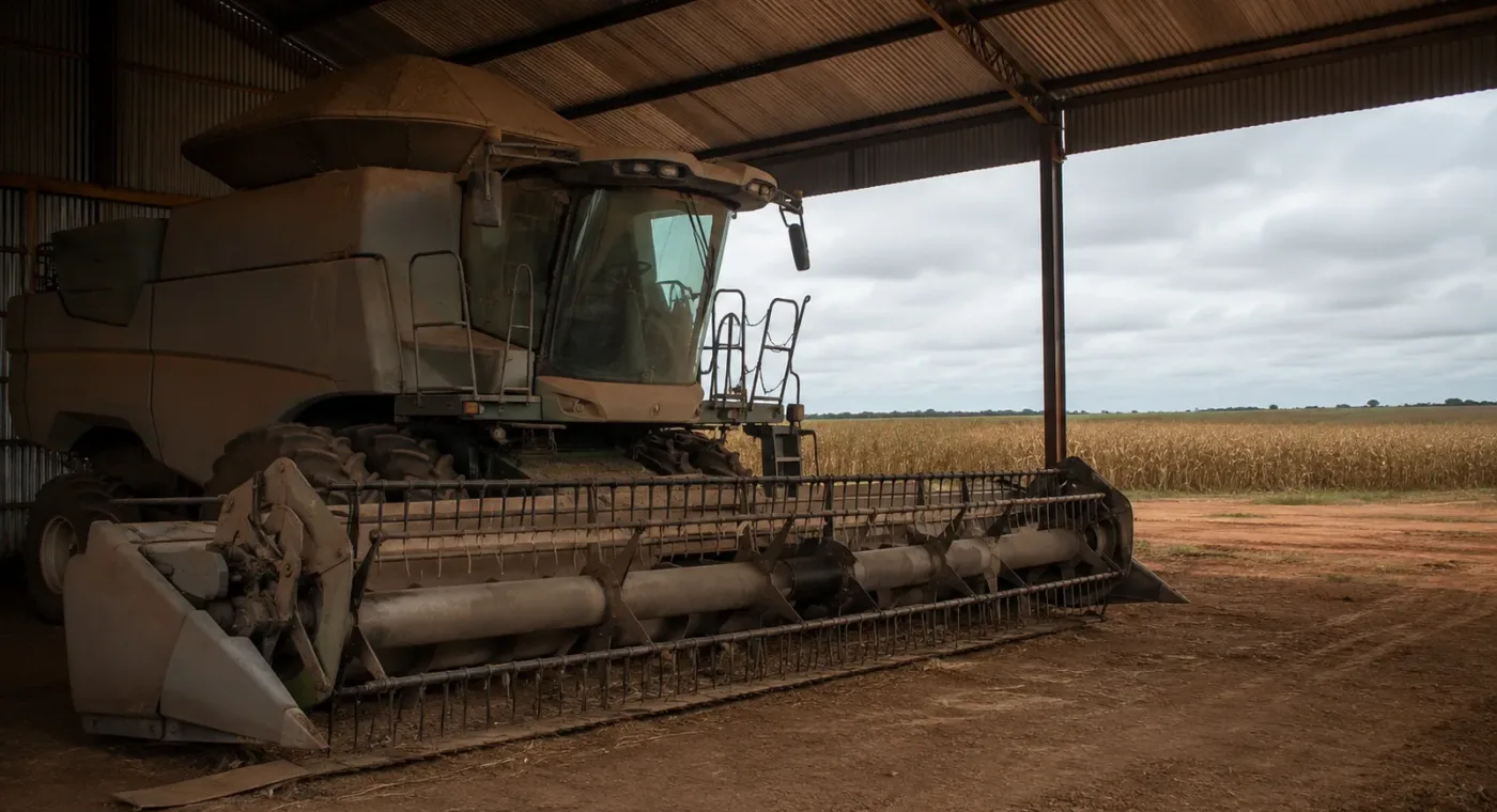 Colheitadeira parada e empoeirada dentro do galpão, com lavoura pronta para colher ao fundo