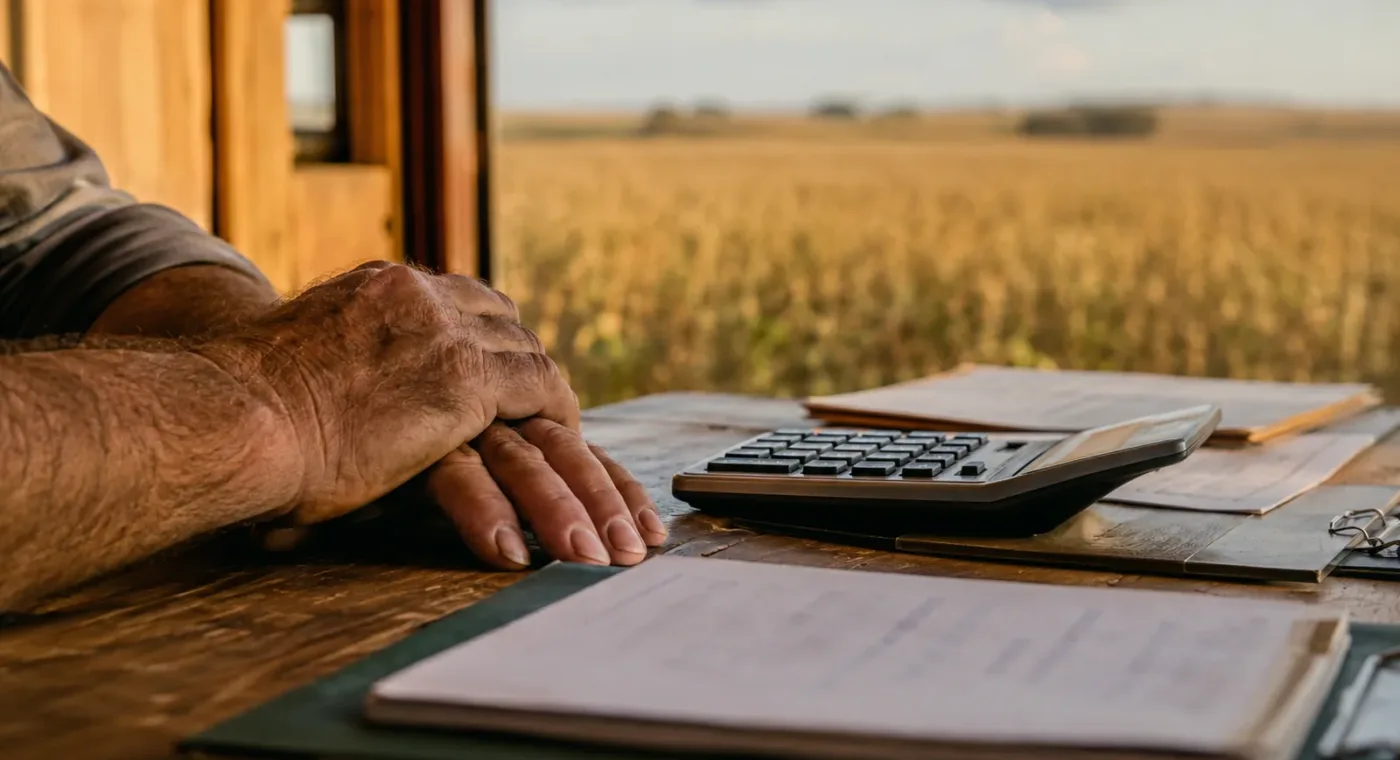 Mão de produtor rural sobre contrato de crédito rural, com calculadora e lavoura ao fundo