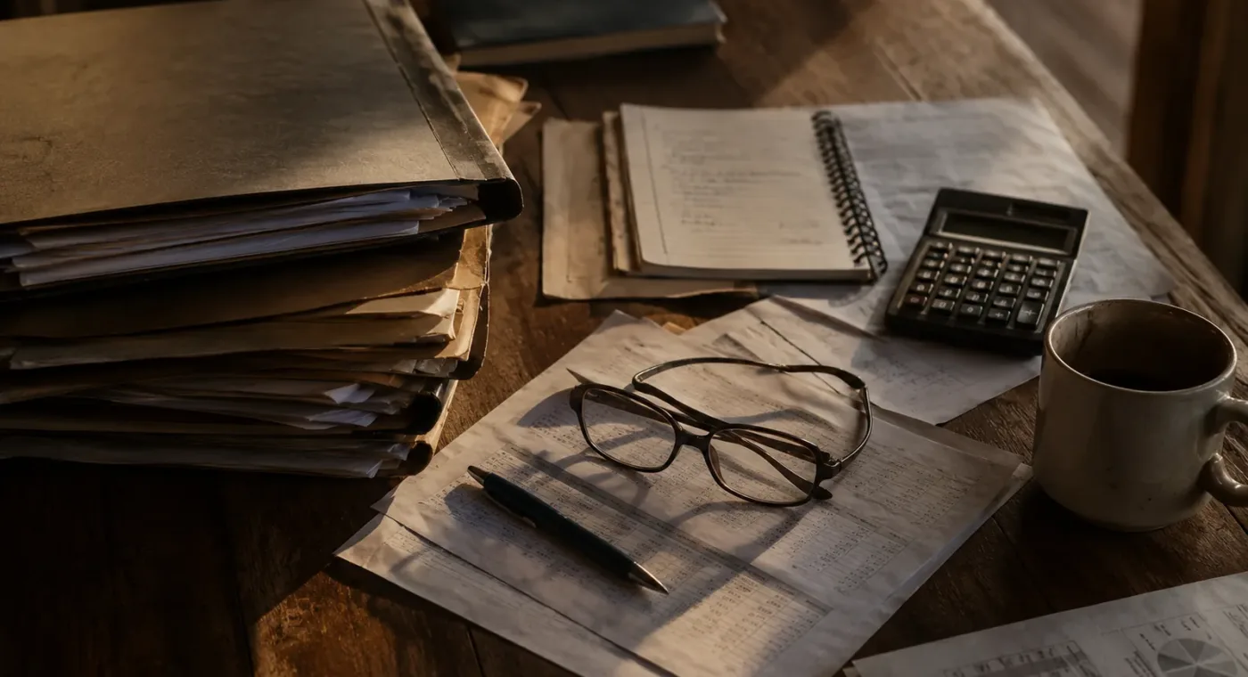 Mesa de escritório rural com pilha de pastas de contratos, planilhas, óculos e calculadora