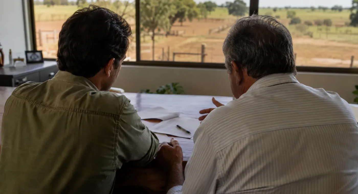 Dois homens sentados de costas à mesa, com contrato entre eles e o pasto pela janela
